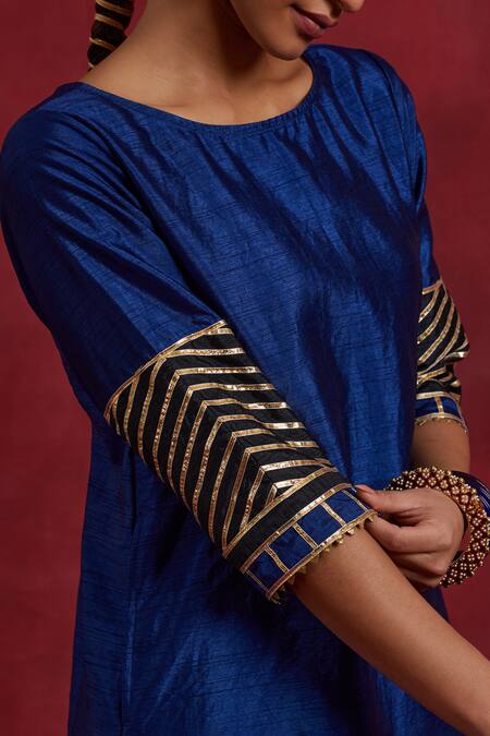 Shop_The Indian Cause_Blue Silk Embroidery, Gota Patti, Zari Jennifer Cuff Straight Kurta Palazzo Set_Online_at_Aza_Fashions