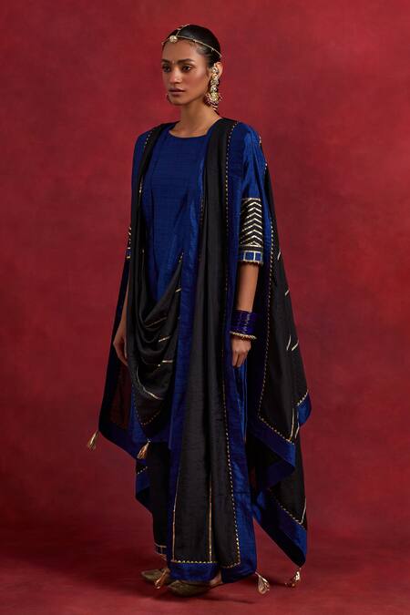 The Indian Cause_Blue Silk Embroidery, Gota Patti, Zari Jennifer Cuff Straight Kurta Palazzo Set_at_Aza_Fashions