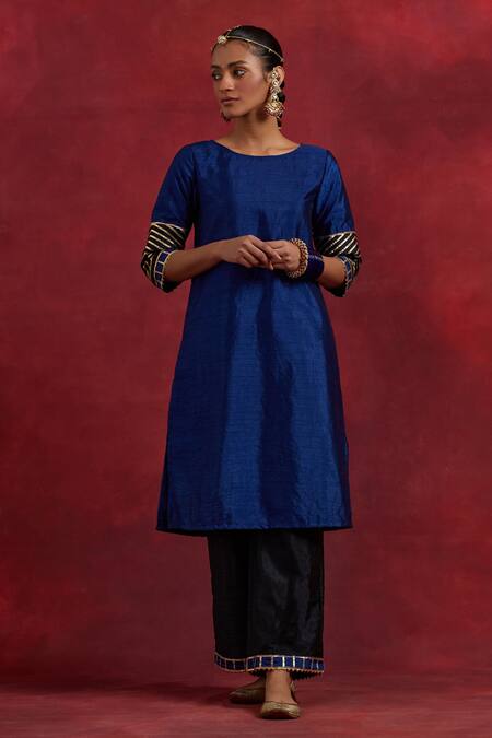Buy_The Indian Cause_Blue Silk Embroidery, Gota Patti, Zari Jennifer Cuff Straight Kurta Palazzo Set