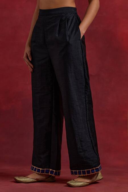 Shop_The Indian Cause_Blue Silk Embroidery, Gota Patti, Zari Jennifer Cuff Straight Kurta Palazzo Set