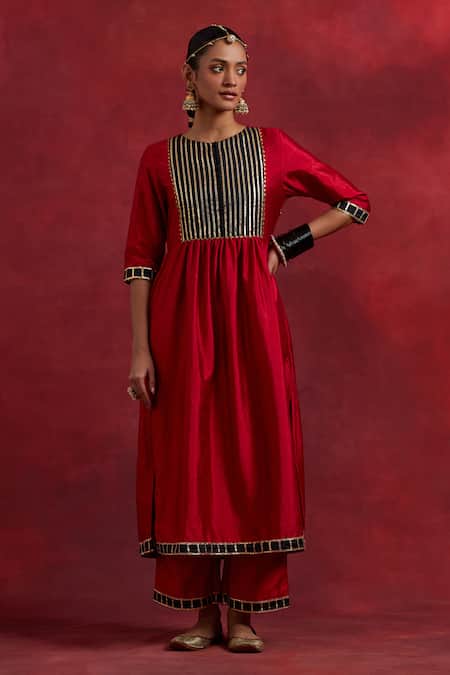 The Indian Cause Red Silk Gota Patti Round Neck Gauhar Embroidered Anarkali Online at Aza Fashions The Indian Cause_Red Silk Gota Patti Round Neck Gauhar Embroidered Anarkali_Online_at_Aza_Fashions