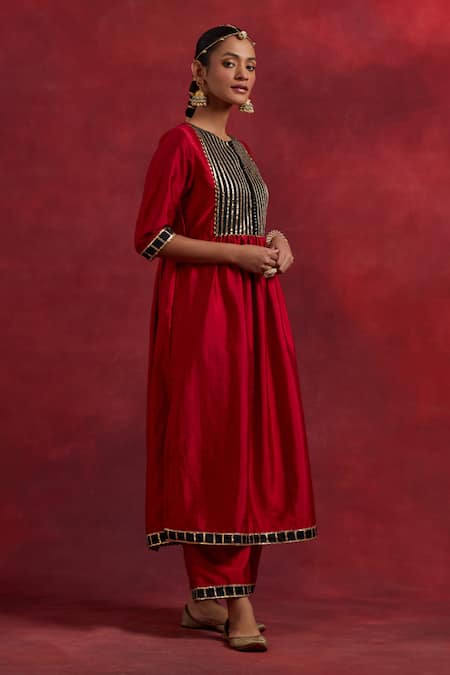Buy The Indian Cause Red Silk Gota Patti Round Neck Gauhar Embroidered Anarkali Online at Aza Fashions Buy_The Indian Cause_Red Silk Gota Patti Round Neck Gauhar Embroidered Anarkali_Online_at_Aza_Fashions