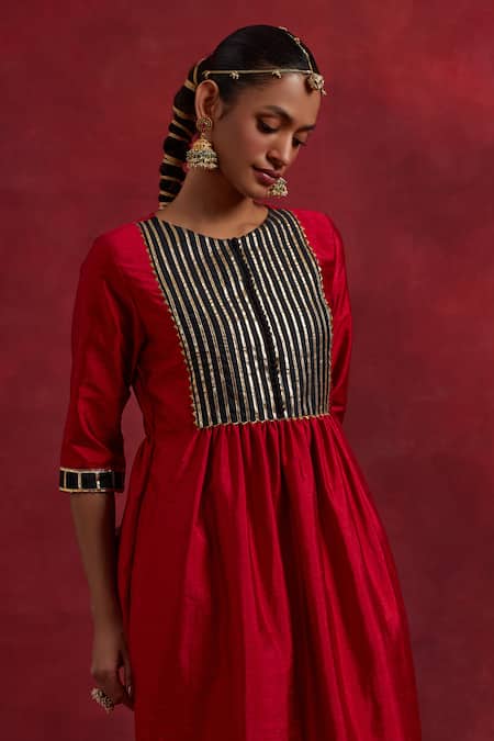 Shop The Indian Cause Red Silk Gota Patti Round Neck Gauhar Embroidered Anarkali Online at Aza Fashions Shop_The Indian Cause_Red Silk Gota Patti Round Neck Gauhar Embroidered Anarkali_Online_at_Aza_Fashions