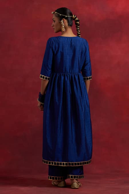 Shop The Indian Cause Blue Silk Gota Patti Round Neck Gauhar Embroidered Anarkali at Aza Fashions Shop_The Indian Cause_Blue Silk Gota Patti Round Neck Gauhar Embroidered Anarkali_at_Aza_Fashions