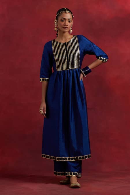 The Indian Cause Blue Silk Gota Patti Round Neck Gauhar Embroidered Anarkali Online at Aza Fashions The Indian Cause_Blue Silk Gota Patti Round Neck Gauhar Embroidered Anarkali_Online_at_Aza_Fashions