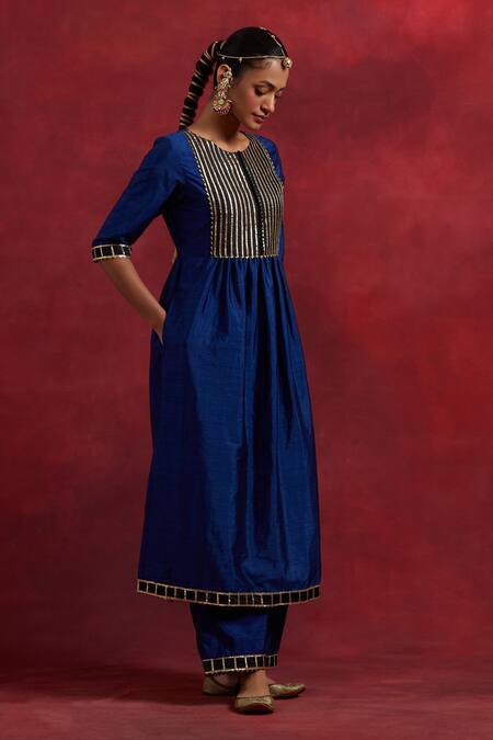 Buy The Indian Cause Blue Silk Gota Patti Round Neck Gauhar Embroidered Anarkali Online at Aza Fashions Buy_The Indian Cause_Blue Silk Gota Patti Round Neck Gauhar Embroidered Anarkali_Online_at_Aza_Fashions