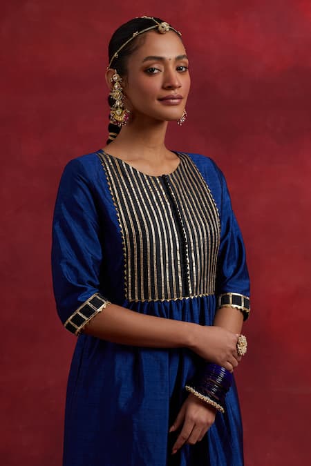 Shop The Indian Cause Blue Silk Gota Patti Round Neck Gauhar Embroidered Anarkali Online at Aza Fashions Shop_The Indian Cause_Blue Silk Gota Patti Round Neck Gauhar Embroidered Anarkali_Online_at_Aza_Fashions