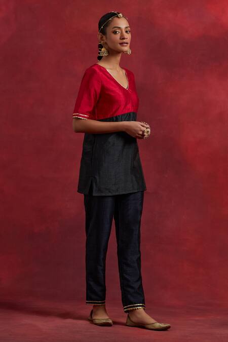 Buy_The Indian Cause_Red Silk Gota Patti V-neck Sadhna V Kurta_Online_at_Aza_Fashions