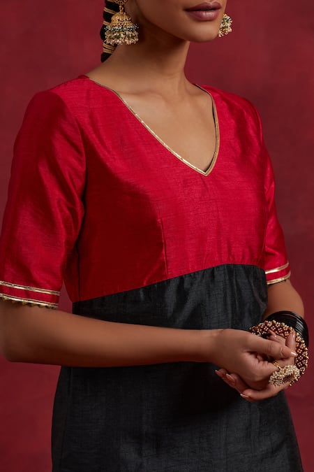Shop_The Indian Cause_Red Silk Gota Patti V-neck Sadhna V Kurta_Online_at_Aza_Fashions