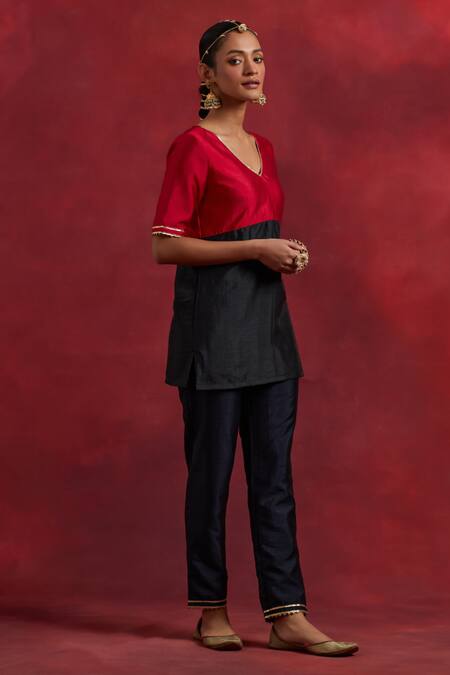 Buy_The Indian Cause_Red Silk Gota Patti V-neck Sadhna V Kurta And Pant Set_Online_at_Aza_Fashions