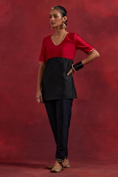 Buy_The Indian Cause_Red Silk Gota Patti V-neck Sadhna V Kurta Pant Set_Online_at_Aza_Fashions
