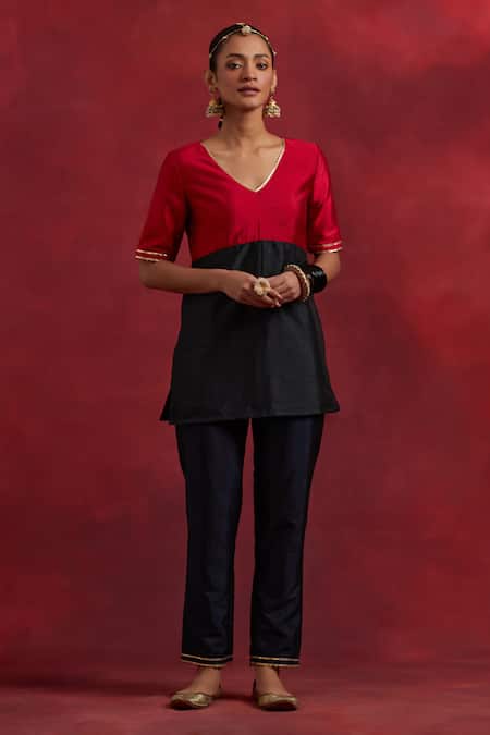 Shop_The Indian Cause_Red Silk Gota Patti V-neck Sadhna V Kurta Pant Set_Online_at_Aza_Fashions