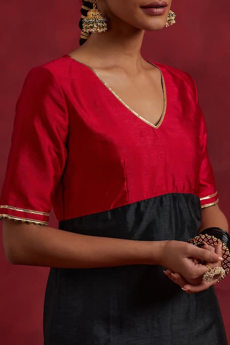 Buy_The Indian Cause_Red Silk Gota Patti V-neck Sadhna V Kurta Pant Set