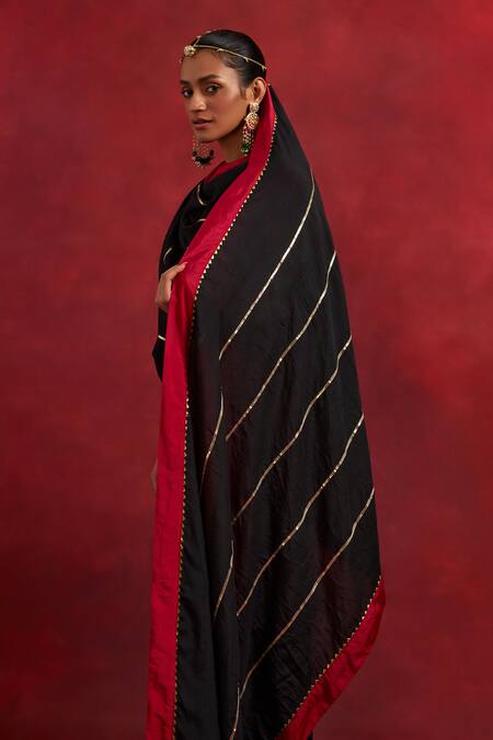 Shop_The Indian Cause_Red Silk Gota Patti V-neck Sadhna V Kurta Pant Set