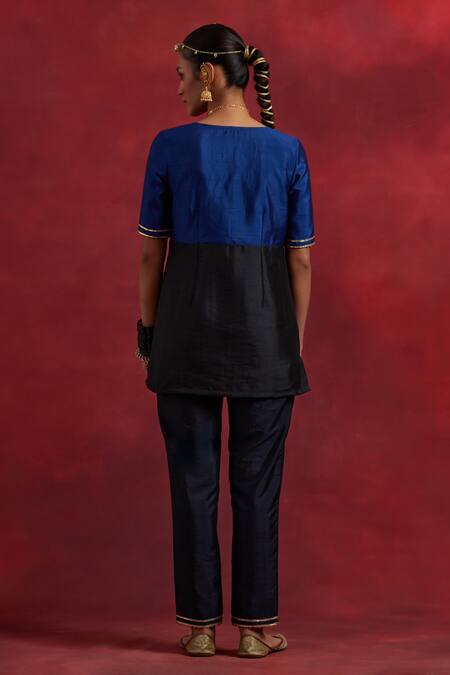 Shop The Indian Cause Blue Silk Gota Patti V-neck Sadhna V Straight Kurta And Pant Set at Aza Fashions Shop_The Indian Cause_Blue Silk Gota Patti V-neck Sadhna V Straight Kurta And Pant Set_at_Aza_Fashions