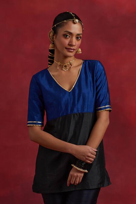 The Indian Cause Blue Silk Gota Patti V-neck Sadhna V Straight Kurta And Pant Set Online at Aza Fashions The Indian Cause_Blue Silk Gota Patti V-neck Sadhna V Straight Kurta And Pant Set_Online_at_Aza_Fashions