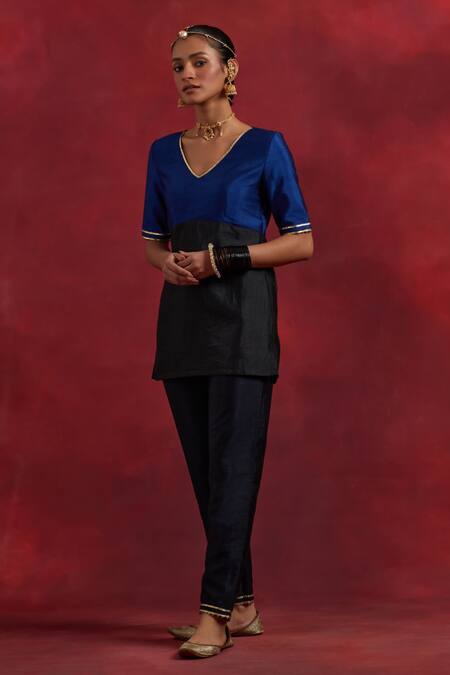 Shop The Indian Cause Blue Silk Gota Patti V-neck Sadhna V Straight Kurta And Pant Set Online at Aza Fashions Shop_The Indian Cause_Blue Silk Gota Patti V-neck Sadhna V Straight Kurta And Pant Set_Online_at_Aza_Fashions