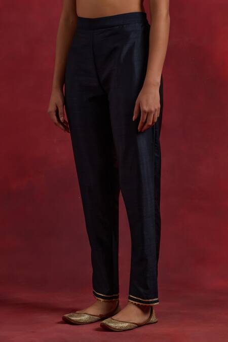 Buy The Indian Cause Blue Silk Gota Patti V-neck Sadhna V Straight Kurta And Pant Set Buy_The Indian Cause_Blue Silk Gota Patti V-neck Sadhna V Straight Kurta And Pant Set