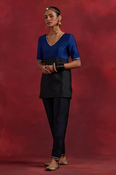 Shop_The Indian Cause_Blue Silk Gota Patti V-neck Sadhna Colour Block Kurta Pant Set_Online_at_Aza_Fashions