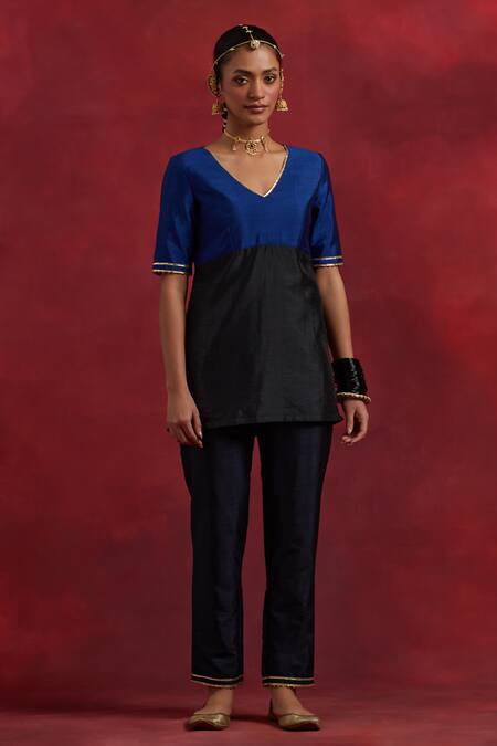 The Indian Cause_Blue Silk Gota Patti V-neck Sadhna Colour Block Kurta Pant Set_at_Aza_Fashions