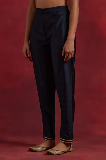 Shop_The Indian Cause_Blue Silk Gota Patti V-neck Sadhna Colour Block Kurta Pant Set