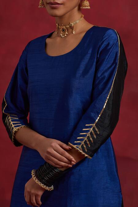 Shop_The Indian Cause_Blue Silk Gota Patti Round Neck Colour Block Kurta_Online_at_Aza_Fashions