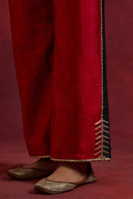 The Indian Cause_Red Silk Gota Patti Round Neck Raw Colour Block Kurta With Palazzo_at_Aza_Fashions