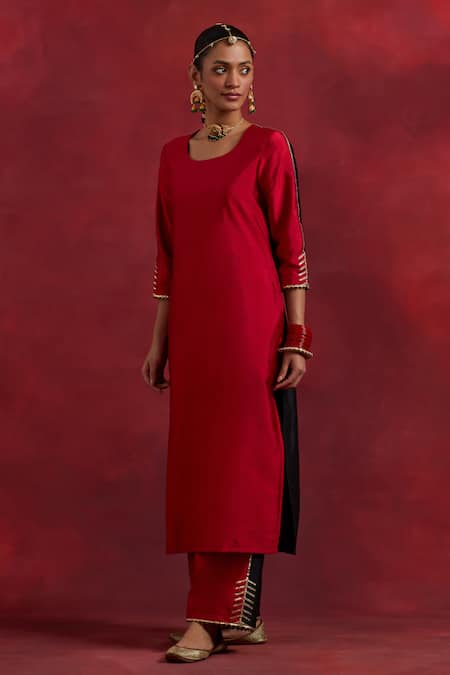 The Indian Cause Red Silk Embroidery, Gota Patti Round Neck Raw Colour Block Kurta Palazzo Set Online at Aza Fashions The Indian Cause_Red Silk Embroidery, Gota Patti Round Neck Raw Colour Block Kurta Palazzo Set_Online_at_Aza_Fashions
