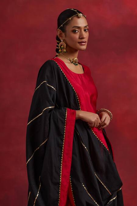 The Indian Cause Red Silk Embroidery, Gota Patti Round Neck Raw Colour Block Kurta Palazzo Set at Aza Fashions The Indian Cause_Red Silk Embroidery, Gota Patti Round Neck Raw Colour Block Kurta Palazzo Set_at_Aza_Fashions