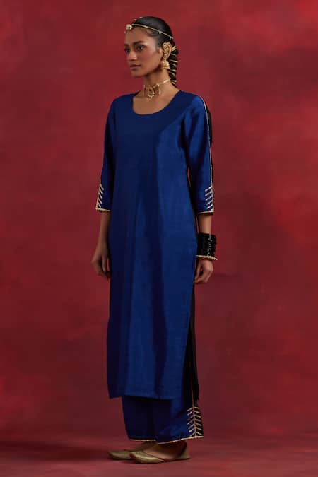 The Indian Cause_Blue Silk Gota Patti Round Neck Colour Block Kurta With Palazzo _Online_at_Aza_Fashions