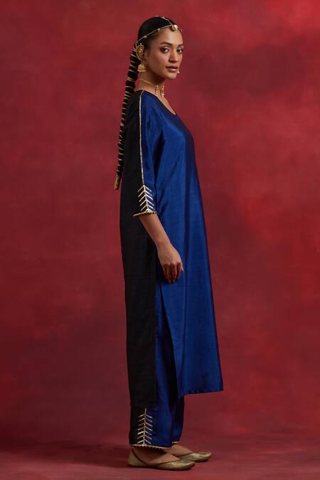 Buy_The Indian Cause_Blue Silk Gota Patti Round Neck Colour Block Kurta With Palazzo _Online_at_Aza_Fashions