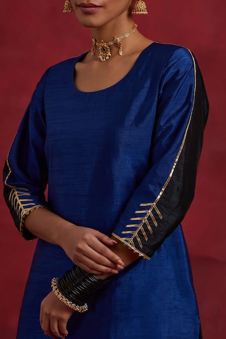 Shop_The Indian Cause_Blue Silk Gota Patti Round Neck Colour Block Kurta With Palazzo _Online_at_Aza_Fashions