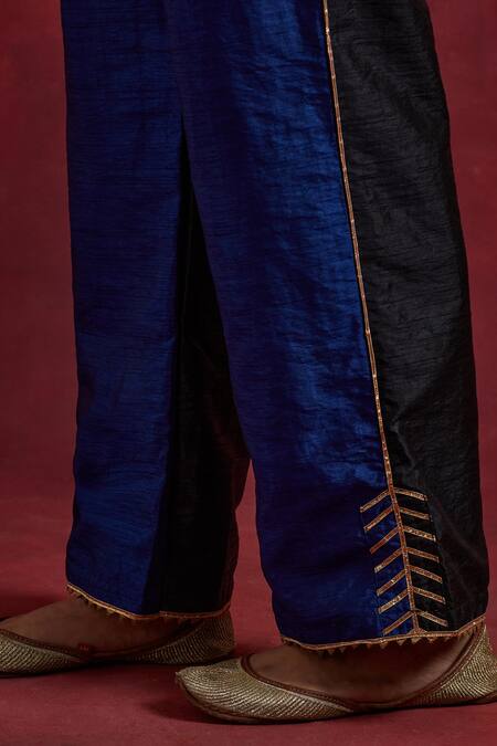 The Indian Cause_Blue Silk Gota Patti Round Neck Colour Block Kurta With Palazzo _at_Aza_Fashions