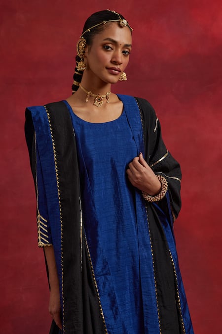 The Indian Cause Blue Silk Gota Patti Round Neck Colour Block Kurta Palazzo Set Online at Aza Fashions The Indian Cause_Blue Silk Gota Patti Round Neck Colour Block Kurta Palazzo Set_Online_at_Aza_Fashions