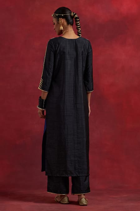 Shop The Indian Cause Blue Silk Gota Patti Round Neck Colour Block Kurta Palazzo Set at Aza Fashions Shop_The Indian Cause_Blue Silk Gota Patti Round Neck Colour Block Kurta Palazzo Set_at_Aza_Fashions