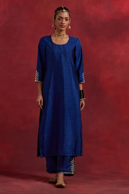 Buy The Indian Cause Blue Silk Gota Patti Round Neck Colour Block Kurta Palazzo Set Online at Aza Fashions Buy_The Indian Cause_Blue Silk Gota Patti Round Neck Colour Block Kurta Palazzo Set_Online_at_Aza_Fashions