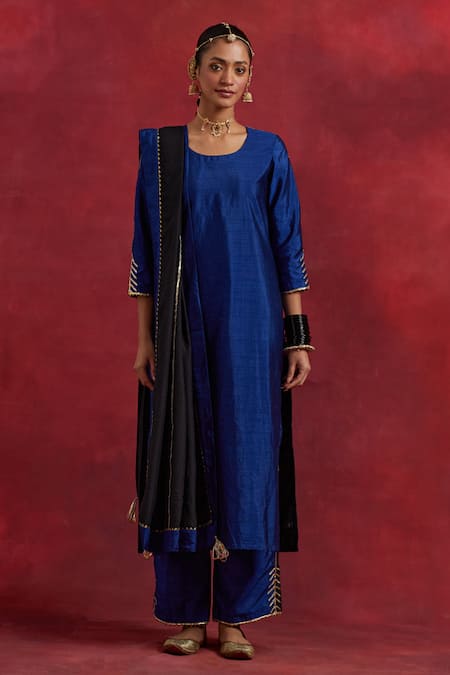 Shop The Indian Cause Blue Silk Gota Patti Round Neck Colour Block Kurta Palazzo Set Online at Aza Fashions Shop_The Indian Cause_Blue Silk Gota Patti Round Neck Colour Block Kurta Palazzo Set_Online_at_Aza_Fashions