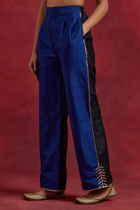 The Indian Cause Blue Silk Gota Patti Round Neck Colour Block Kurta Palazzo Set at Aza Fashions The Indian Cause_Blue Silk Gota Patti Round Neck Colour Block Kurta Palazzo Set_at_Aza_Fashions