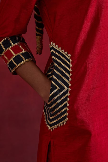 Shop_The Indian Cause_Red Silk Gota Patti Round Neck Mira Raw Vivid Kurta_Online_at_Aza_Fashions