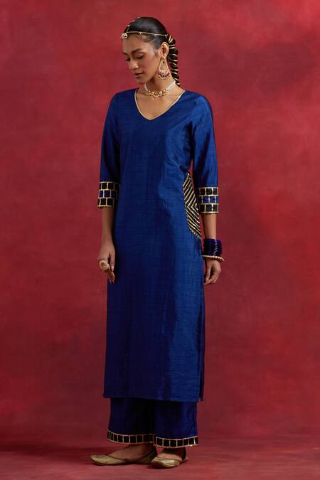 The Indian Cause_Blue Silk Gota Patti Round Neck Mira Raw Kurta_Online_at_Aza_Fashions