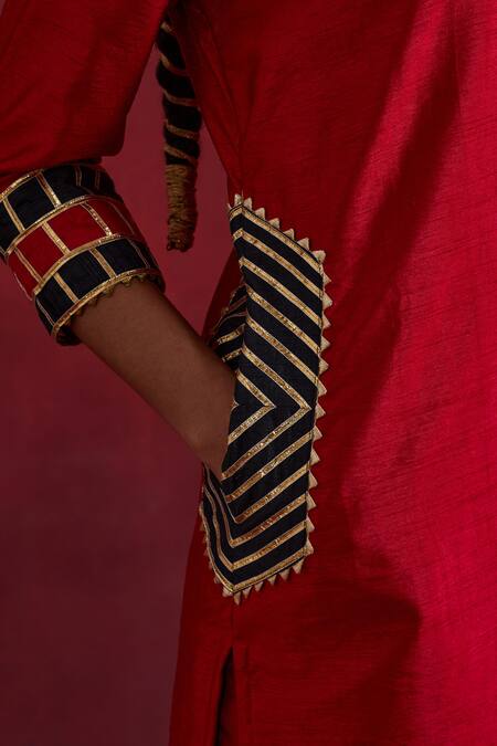 Shop The Indian Cause Red Silk Gota Patti Round Neck Mira Raw Vivid Kurta With Pant Online at Aza Fashions Shop_The Indian Cause_Red Silk Gota Patti Round Neck Mira Raw Vivid Kurta With Pant_Online_at_Aza_Fashions