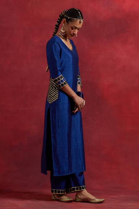 Buy The Indian Cause Blue Silk Gota Patti Round Neck Mira Raw Kurta With Pant Online at Aza Fashions Buy_The Indian Cause_Blue Silk Gota Patti Round Neck Mira Raw Kurta With Pant_Online_at_Aza_Fashions