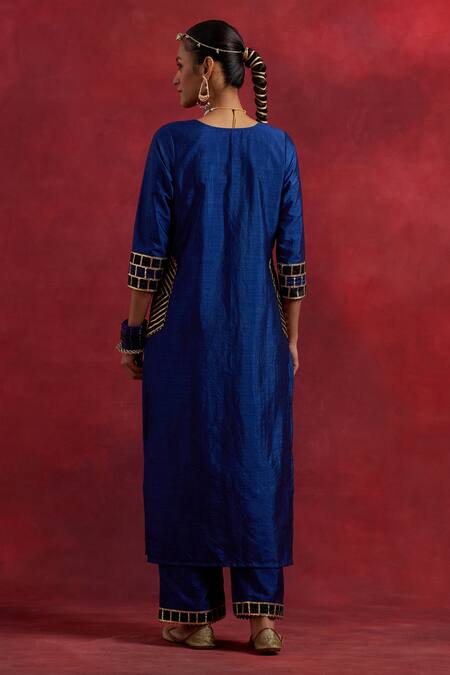 Shop The Indian Cause Blue Silk Embroidery, Gota Patti Round Neck Mira Raw Kurta Pant Set at Aza Fashions Shop_The Indian Cause_Blue Silk Embroidery, Gota Patti Round Neck Mira Raw Kurta Pant Set_at_Aza_Fashions