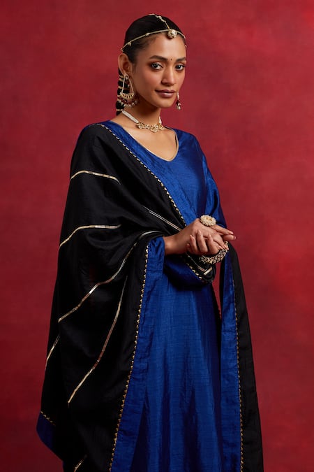 The Indian Cause Blue Silk Embroidery, Gota Patti Round Neck Mira Raw Kurta Pant Set Online at Aza Fashions The Indian Cause_Blue Silk Embroidery, Gota Patti Round Neck Mira Raw Kurta Pant Set_Online_at_Aza_Fashions