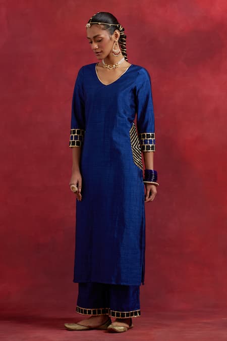 Buy The Indian Cause Blue Silk Embroidery, Gota Patti Round Neck Mira Raw Kurta Pant Set Online at Aza Fashions Buy_The Indian Cause_Blue Silk Embroidery, Gota Patti Round Neck Mira Raw Kurta Pant Set_Online_at_Aza_Fashions
