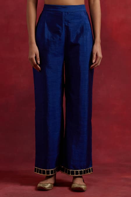 Buy The Indian Cause Blue Silk Embroidery, Gota Patti Round Neck Mira Raw Kurta Pant Set Buy_The Indian Cause_Blue Silk Embroidery, Gota Patti Round Neck Mira Raw Kurta Pant Set