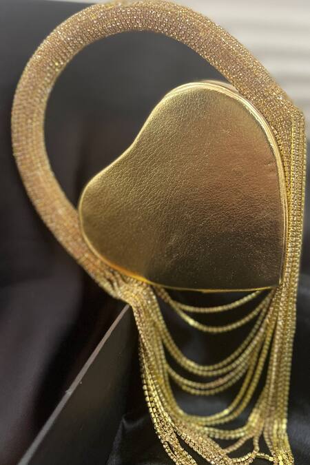 House Of Bling Gold Rhinestones Heart Shaped Embellished Handbag at Aza Fashions House Of Bling_Gold Rhinestones Heart Shaped Embellished Handbag_at_Aza_Fashions
