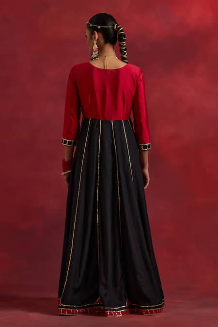 Shop The Indian Cause Red Chanderi, Silk Gota Patti Round Neck Ghoomar Colour Block Anarkali at Aza Fashions Shop_The Indian Cause_Red Chanderi, Silk Gota Patti Round Neck Ghoomar Colour Block Anarkali_at_Aza_Fashions