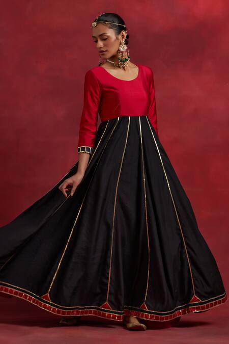 Buy The Indian Cause Red Chanderi, Silk Gota Patti Round Neck Ghoomar Colour Block Anarkali Online at Aza Fashions Buy_The Indian Cause_Red Chanderi, Silk Gota Patti Round Neck Ghoomar Colour Block Anarkali_Online_at_Aza_Fashions