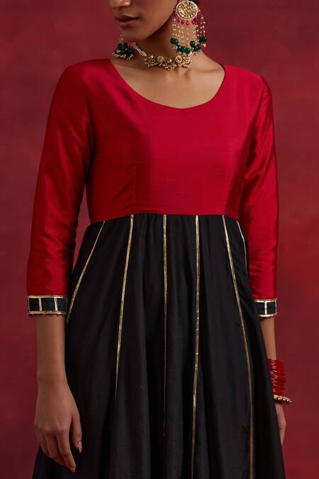 Shop The Indian Cause Red Chanderi, Silk Gota Patti Round Neck Ghoomar Colour Block Anarkali Online at Aza Fashions Shop_The Indian Cause_Red Chanderi, Silk Gota Patti Round Neck Ghoomar Colour Block Anarkali_Online_at_Aza_Fashions